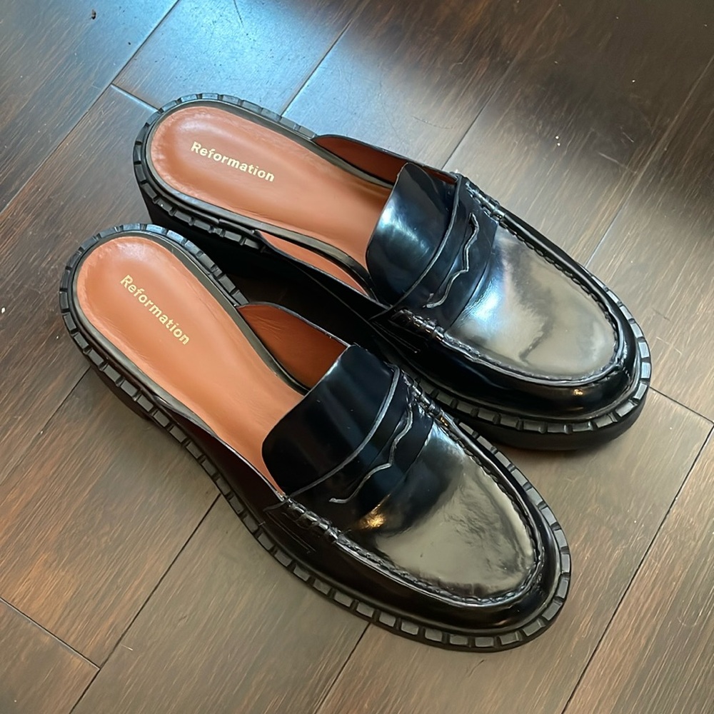 Reformation Glossy Black Slip-On Loafers